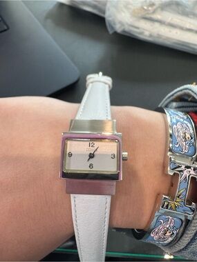New Vintage Ecclissi Sterling Silver Tank Watch – White Leather Strap